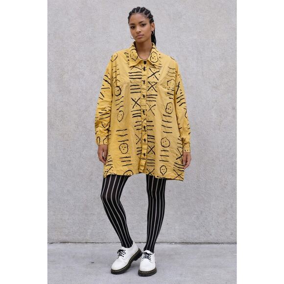AS*HRO VTG 90's Pattern Cotton Jacket Yellow Black Abstract African Button Sz XL